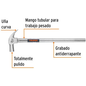 Martillo Pulido uña curva Cabeza Conica 20oz, Cara 29mm, Mango 20" Tubular Antiderrapante, MAC-29T 11175 Truper