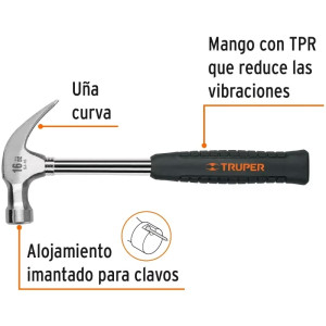 Martillo 16oz Uña curva Pulidos Tubular Boca1-1/8" Mango13" de Neopreno, SJ-16 16700 Truper