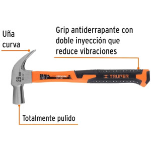Martillo 20oz uña curva Cabeza Conica Pulidos, Boca29mm Mango13" de Fibra de Vidrio, MAC-29F 10852 Truper