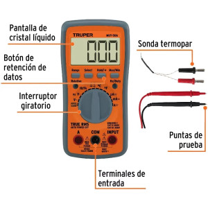 Multitester Digital MUT-50A True RMS 10A APO diodo continuidad 3AAA, Truper 100361