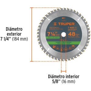Discos de Sierra 7-1/4" 48Dientes C5/8" Plastico Madera carburo de tungsteno, Truper 18317