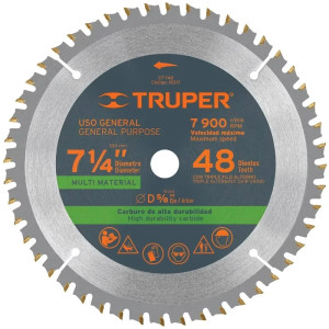 Discos de Sierra 7-1/4" 48Dientes C5/8" Plastico Madera carburo de tungsteno, Truper 18317