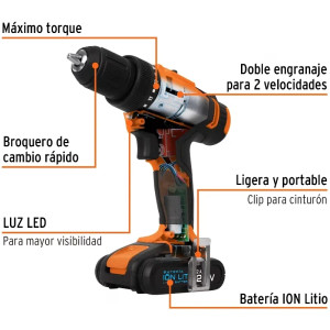 Taladro Inalambrico 1/2" 18V 1400RPM 18Nm Velocidad Reversible, TALI-18A2-2 11011 Truper