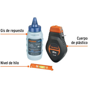 Tiralinea Plastico 30m, con repuesto y nivel, bobinado rapido, Incluye Bote de Gis, TL-50 18574 Truper