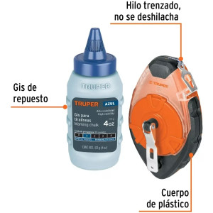 Tiralinea Plastico 30m, con repuesto, bobinado rapido, Incluye Bote de Gis, TL-100 18575 Truper