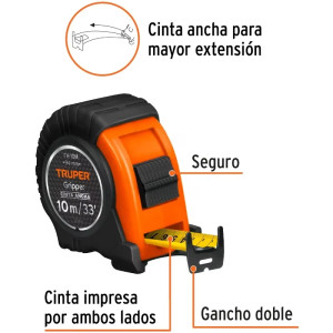 Wincha Flexometro Gripper 10 Metros, contra impacto TPR, cinta extra ancha, carcasa ABS, FH-10M 14582 Truper