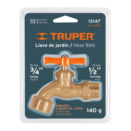  Caño para Jardin Conexión Roscada Macho 1/2" Salida 3/4", de Laton 140g en Blister, LL-JAR-B-2 13147 Truper 12.627119 Caño para