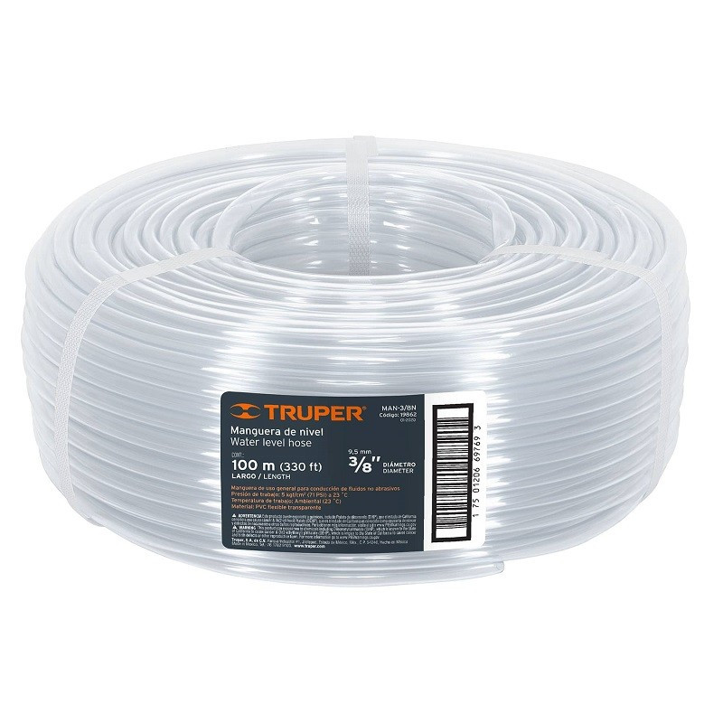  Manguera de Nivel 3/8" Espesor 1mm, 100 Metros Peso 4.1Kg, MAN-3/8N 19862 Truper 73.728814 Manguera de Nivel 3/8" Espesor 1mm, 