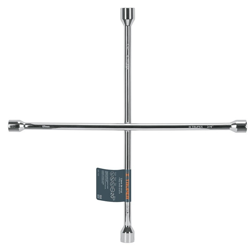  Llave de Rueda Auto en cruz Pulidas y Cromada 20" 17mm, 3/4",13/16",7/8", LLCR-20 15481 Truper 33.050847 Llave de Rueda Auto en