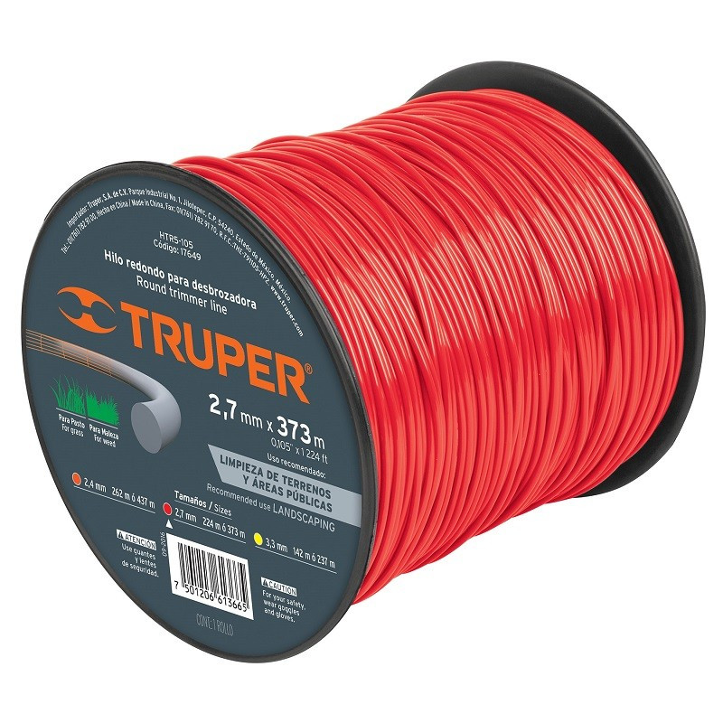  Hilo Redondo para desbrozadora 2.7mm x373M Carrete, HTR5-105 17649 Truper 82.20339 Hilo Redondo para desbrozadora 2.7mm x373M C