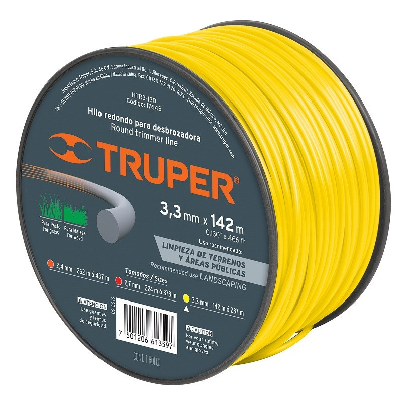  Hilo Redondo para desbrozadora 3.3mm x142M Carrete, HTR3-130 17645 Truper 50.847458 Hilo Redondo para desbrozadora 3.3mm x142M 