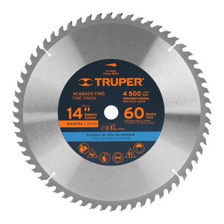  Discos Sierra para Madera 14" Centro 1", 60 Dientes de carburo de tungsteno, ST-1460E 18323 Truper 111.864407 Disco Sierra para
