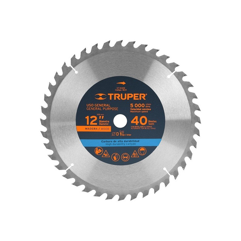  Discos Sierra para Madera 12" Centro 1", 40 Dientes de carburo de tungsteno, ST-1240E 18311 Truper 50.847458 Disco Sierra para 