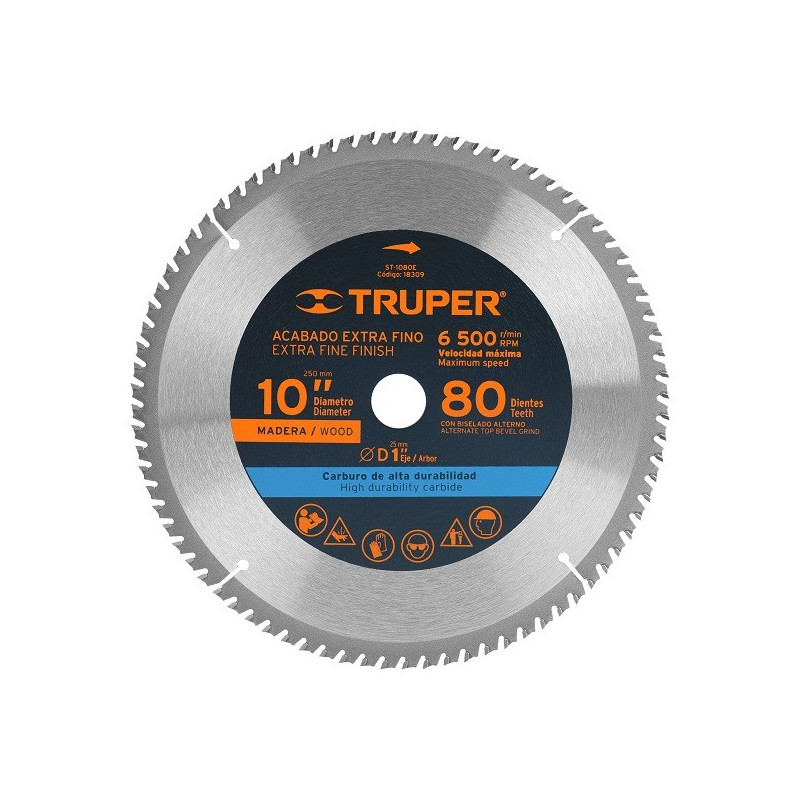  Discos Sierra para Madera 10" Centro 1", 80 Dientes de carburo de tungsteno, ST-1080E 18309 Truper 50.847458 Disco Sierra para 