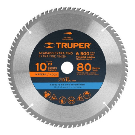  Discos Sierra para Madera 10" Centro 1", 80 Dientes de carburo de tungsteno, ST-1080E 18309 Truper 50.847458 Disco Sierra para 