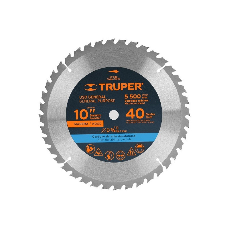  Discos Sierra para Madera 10" Centro 5/8", 40 Dientes de carburo de tungsteno, ST-1040 18305 Truper 36.440678 Disco Sierra para