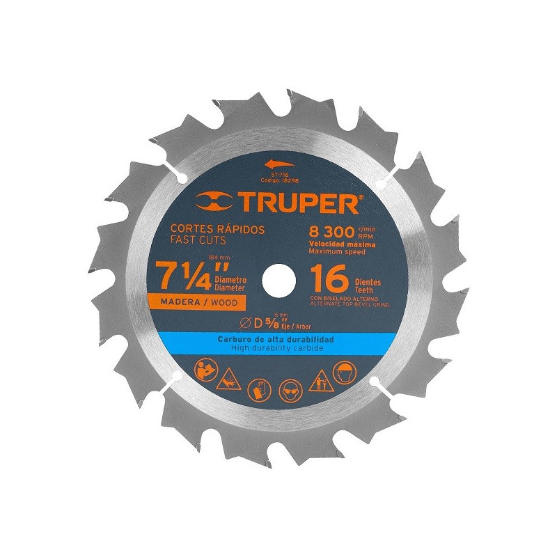  Discos Sierra para Madera 7 1/4" Centro 5/8", 16 Dientes de carburo de tungsteno, ST-716 18298 Truper 15.423729 Disco Sierra pa