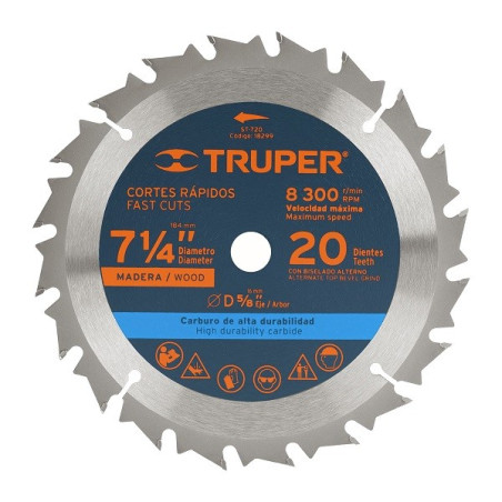  Discos Sierra para Madera 7 1/4" Centro 5/8", 20 Dientes de carburo de tungsteno, ST-720 18299 Truper 17.79661 Disco Sierra par