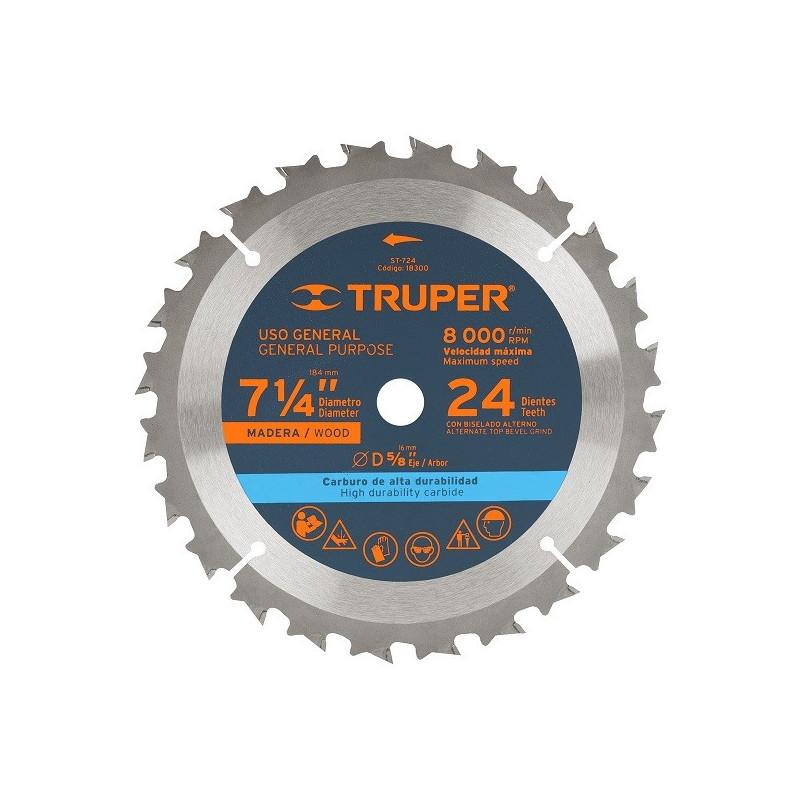  Discos Sierra para Madera 7 1/4" Centro 5/8", 24 Dientes de carburo de tungsteno, ST-724 18300 Truper 20.338983 Disco Sierra pa