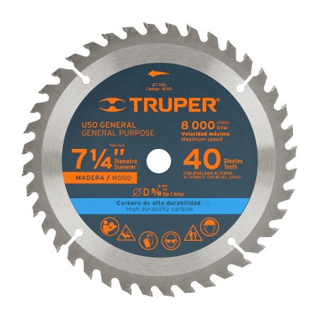  Discos Sierra para Madera 7 1/4" Centro 5/8", 40 Dientes de carburo de tungsteno, ST-740 18301 Truper 22.033898 Disco Sierra pa