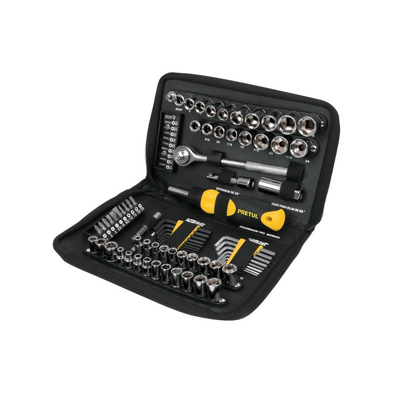  Juego de herramientas 83 Piezas con Estuche de Plastico, Encastre 1/4 " y 3/8", SET-85 22984 Pretul 73.728814 Juego de herramie