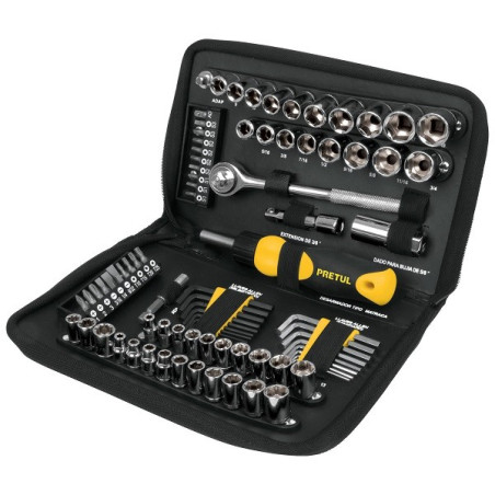  Juego de herramientas 83 Piezas con Estuche de Plastico, Encastre 1/4 " y 3/8", SET-85 22984 Pretul 73.728814 Juego de herramie
