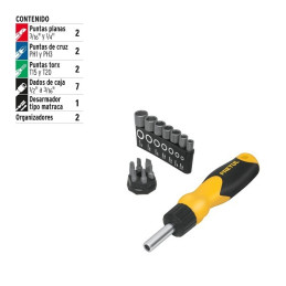  Juego Desarmadores Multipunta 6 Puntas y 7 dados Tipo Ratchet, PPMagnetico Acero al Cromo Vanadio, DES-14P 22974 Pretul 18.6440