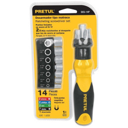  Juego Desarmadores Multipunta 6 Puntas y 7 dados Tipo Ratchet, PPMagnetico Acero al Cromo Vanadio, DES-14P 22974 Pretul 18.6440