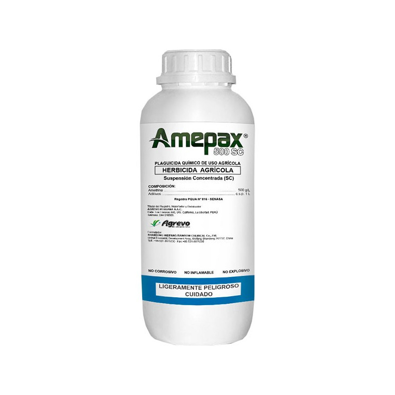  Amepax 4L, Ametrina 50 SC, Agrevo 135.59322 Amepax 4L, Ametrina 50 SC, Agrevo
Es un herbicida pre – post emergente del grupo de