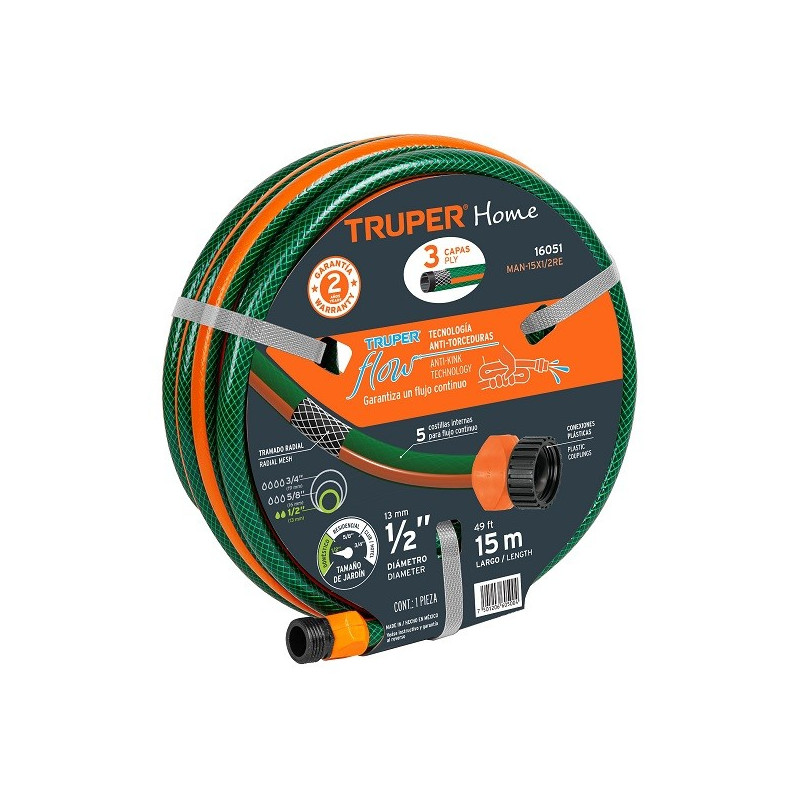  Manguera Reforzada 15M 3Capas 1/2" E1.7mm con Conector, Truper 16051 26.271186 Manguera Reforzada 15M 3Capas 1/2" E1.7mm con Co