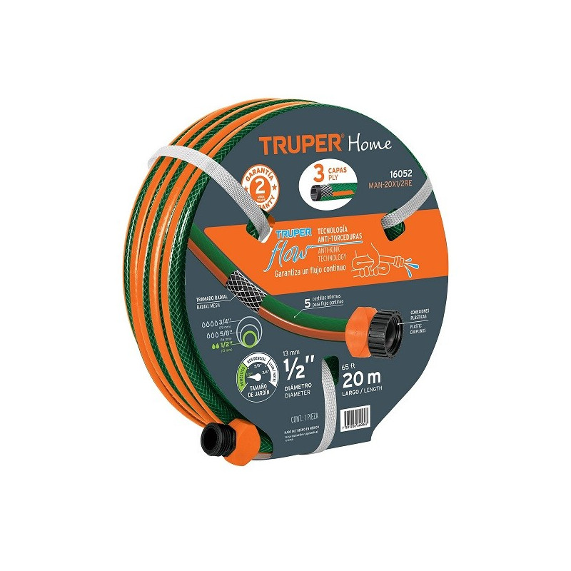  Manguera Reforzada 20M 3Capas 1/2" E1.7mm con Conector, Truper 16052 33.898305 Manguera Reforzada 20M 3Capas 1/2" E1.7mm con Co