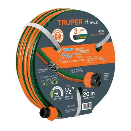  Manguera Reforzada 20M 3Capas 1/2" E1.7mm con Conector, Truper 16052 33.898305 Manguera Reforzada 20M 3Capas 1/2" E1.7mm con Co