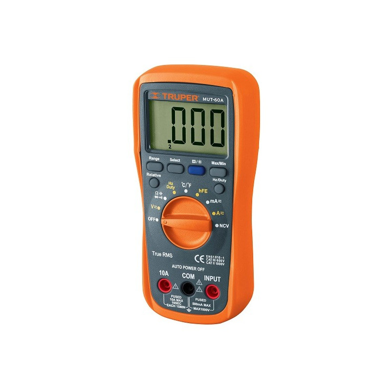  Multitester Digital MUT-60A True RMS 10A APO diodo continuidad y transistor 9V, Truper 100362 111.016949 Multitester Digital MU