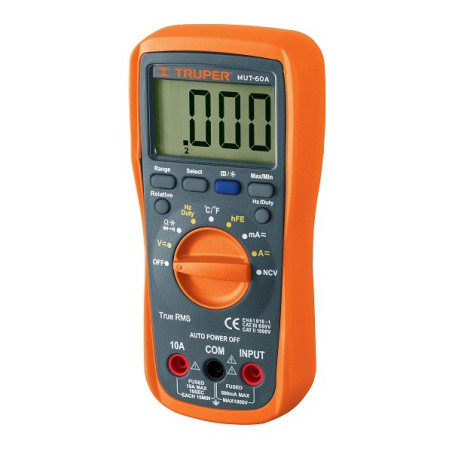  Multitester Digital MUT-60A True RMS 10A APO diodo continuidad y transistor 9V, Truper 100362 111.016949 Multitester Digital MU