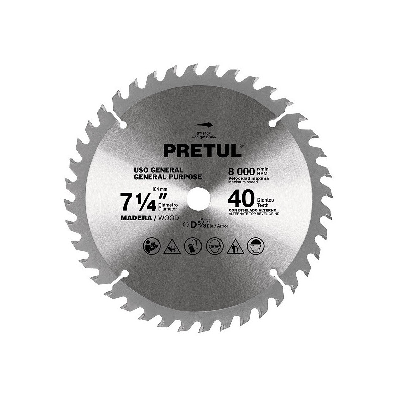  Discos sierras 7-1/4" 40Dientes C5/8", para madera, Pretul 27056 17.79661 Discos sierras 7-1/4" 40Dientes C5/8", para madera, P