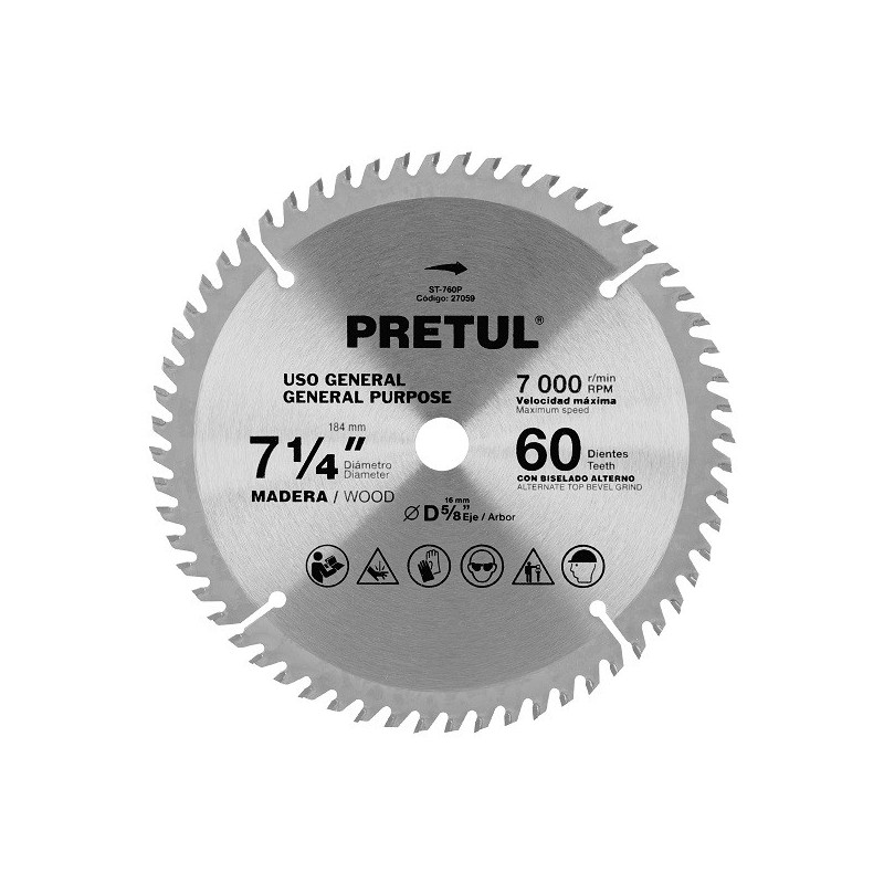 Discos sierras 7-1/4" 60Dientes C5/8", para madera, Pretul 27059 21.186441 Discos sierras 7-1/4" 60Dientes C5/8", para madera, 