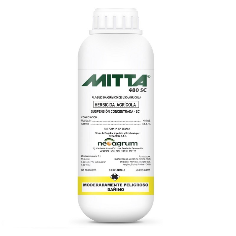  Mitta 1L, Metribuzina, Herbicida sistemico selectivo para malezas de hoja ancha anuales, Neoagrum 133.050847 Mitta 1L, Metribuz