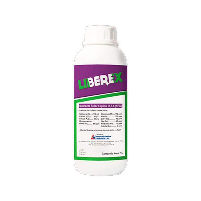  Liberex 1L, NPK 11-8-6, Fertilizante foliar, CAISAC 16.949153 Liberex 1L, NPK 11-8-6, Fertilizante foliar, CAISAC
Es un abono f