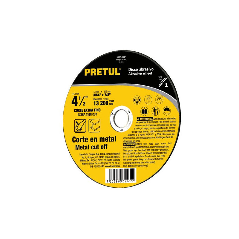  Discos Corte Metal 4 1/2" x1mm T41 OxidoAlumino, DICOF-4510P Pretul 22348 1.271186 Disco Corte Metal 4 1/2" x1mm T41 Oxido de A