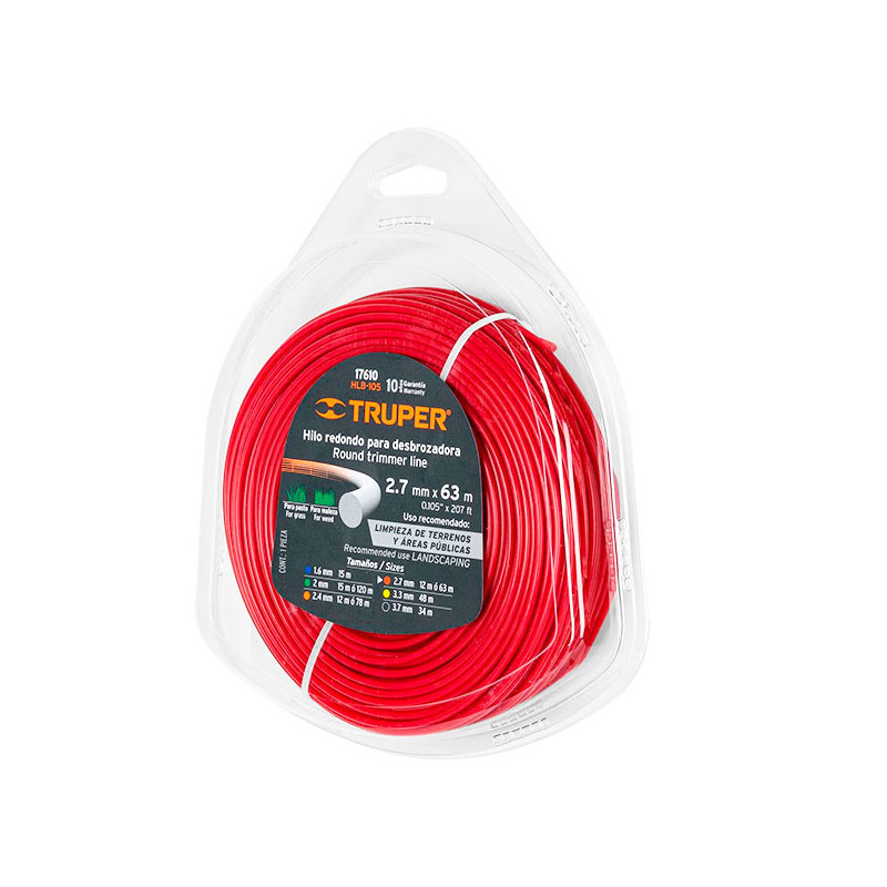  Hilo Redondo para desbrozadora 2.7mm x63M Blister, HLB-105 17610 Truper 17.79661 Hilo Redondo para desbrozadora 2.7mm x63M Blis